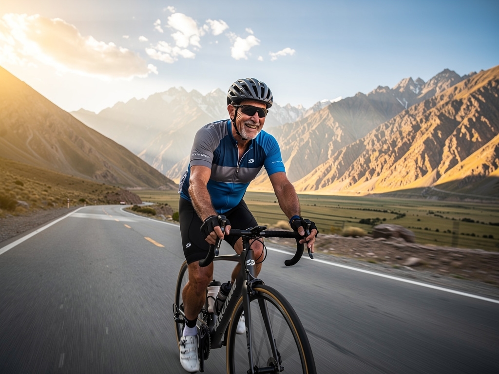 Hombre de 55 años en bicicleta en paisaje chileno
